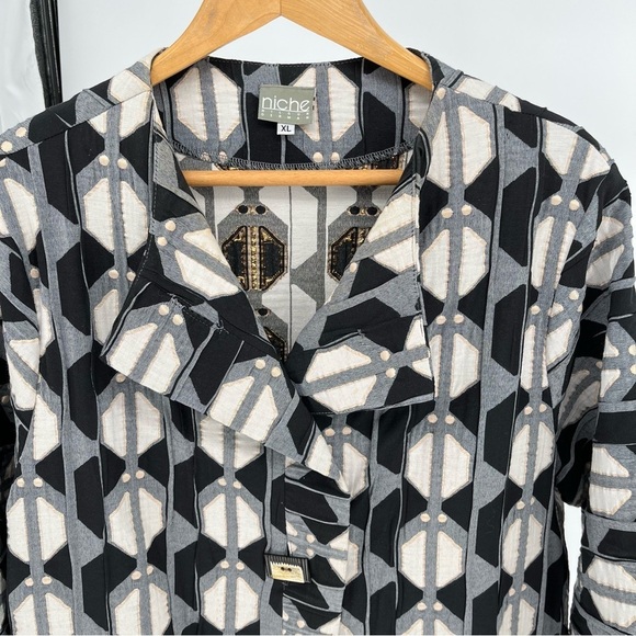 Niche Nilgun Derman Geometric Pattern Jacket Size XL Metallic Accents Big Button - Picture 3 of 13